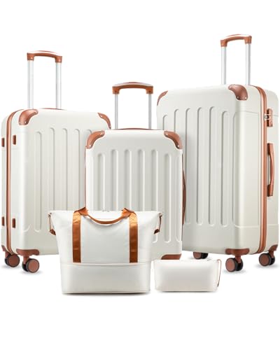 YOETEY 5-Piece Hardshell Luggage Sets, 20/24/28 Inch, White Brown - color: White
