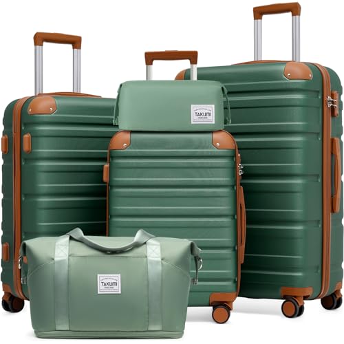 TAKUMI Luggage Sets, Hardside Suitcases with Wheels, Green Brown, 5 Piece - color: GREEN BROWN, size: 5 Piece Set