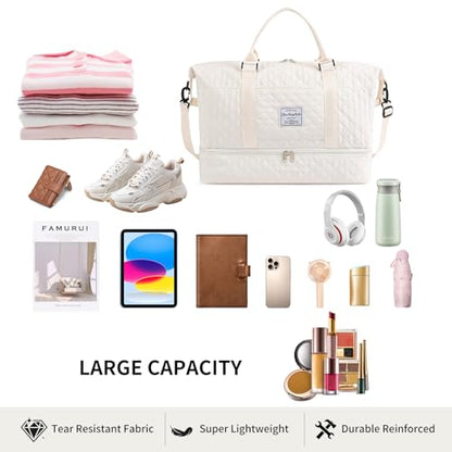 Large Lightweight Foldable Weekender Duffle Bag with Shoe Compartment - color: Beige