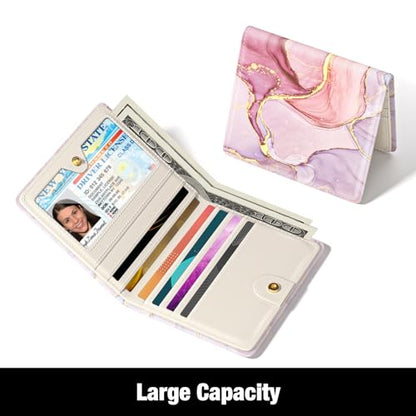 Rouidr Womens Wallet, RFID Small Slim Wallet for Women, Cute Bifold Leather Pocket Credit Card Holder Ladies Mini Purse with Zipper Coin Pocket & ID Window, Pink Marble - color: Pink Marble