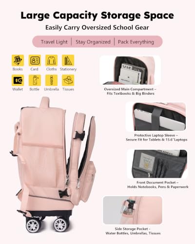 NEW TILAMI 19 Inch Rolling Backpack 4 Spinner Wheels for School, Pink - color: Pink