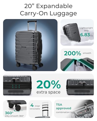 BAGSMART Carry-On Luggage 20" Expandable Spinner 22x14x9,Gray - color: Gray