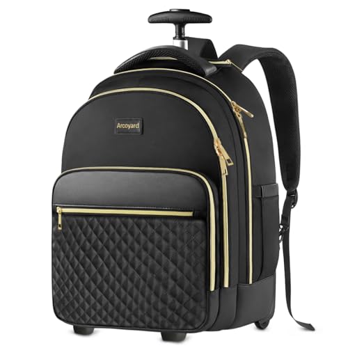 Arcoyard Rolling Backpack for Women, 15.6 Inch Travel Backpack with Wheels - color: Black Gold, size: 15.6-inch
