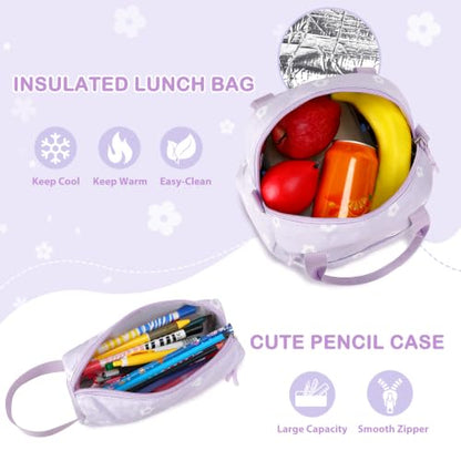 Quilted Backpack for Girls with Lunch Box Pencil Case - color: Purple Flowers