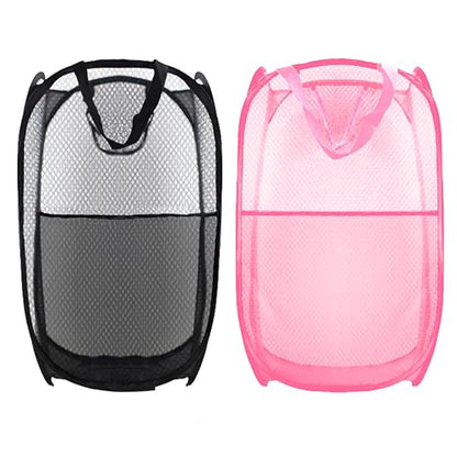 Collapsible Pop Up Laundry Hamper, Extra Large Mesh Foldable Laundry Basket Bag, 28" x 16" x 16", 2 Pack (Black + Pink) - color: 2P Black+Pink