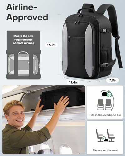 HOTOR Travel Backpack - TSA-Friendly Carry-On Backpack for Men & Women, Internal Luggage Straps & Waterproof Pocket, Perfect for Travel Essentials, Work, Commuting, 16.9" x 11.4" x 7.9", Black - size: 16.9" X 11.4" X 7.9"