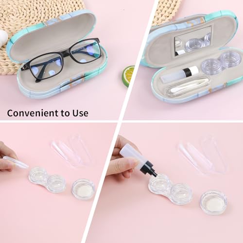 2 in 1 Contact Lens Case and Eyeglasses Case for Women Men Kids, Double Sided Hard Shell Portable Glasses Travel Holder with Built-in Mirror, Contact Lens Box (Green Marble) - color: Green Marble