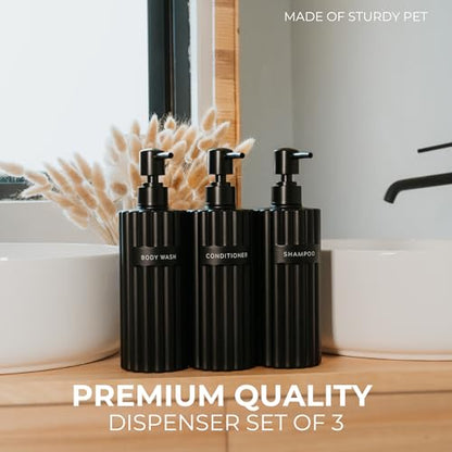 Stylish Shampoo & Conditioner Dispenser Set of 3 - Fluted 19oz Bottles - color: Black