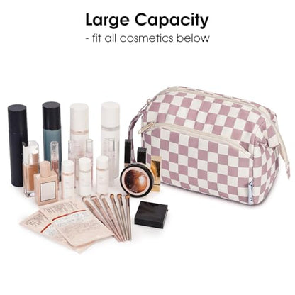 Narwey Travel Makeup Bag Toiletry Bag, Wide Open Cosmetic Bag for Women - color: C-Dusty Rose Checkerboard, size: Small