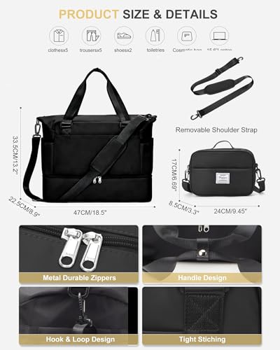 Weekender Bags for Women, Carry On Travel Duffle Bag with Shoe Compartment - color: A- Black