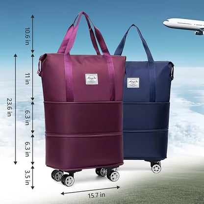 Expandable Foldable Duffel Bag with Detachable Rolling Wheels, Large Carry-On Luggage for Travel, Gym, Camping, Shopping, Business Trip (Pink) - color: pink