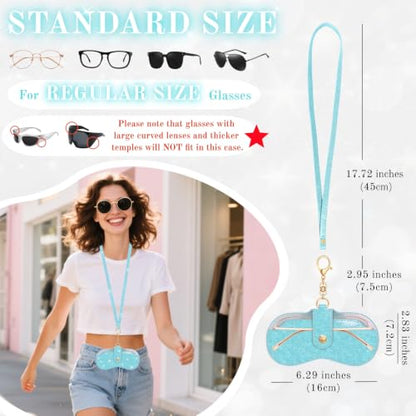 Glitter Glasses Case with Lanyard Soft Leather Sunglasses Bag with Hook - color: Blue