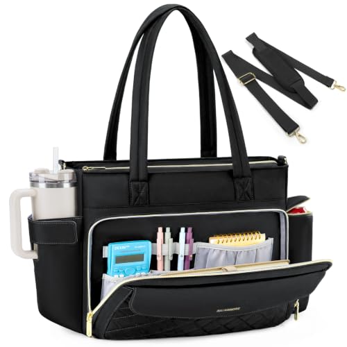 RAINSMORE Teacher Bag for Women, 15.6" Laptop Work Tote, 40oz Cup Holder - color: Black