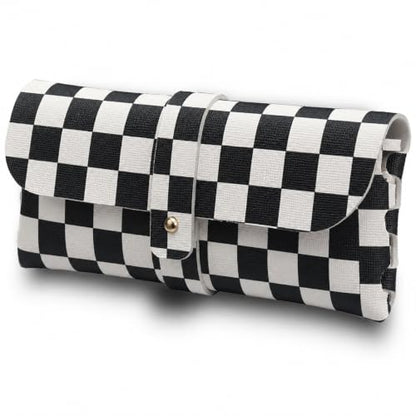 Faux Leather Glasses Pouch, Portable Bag for Sunglasses travel glasses bag - color: Black and White Grid