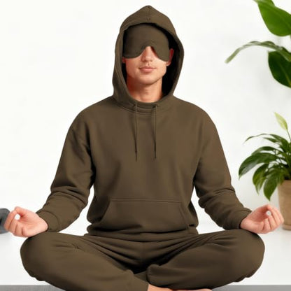 Ainangua Mens Oversized Pullover Essentials Hoodie with Eye Mask Built In Comfor Airplane Mode Travel Sleep Wearable Blanket - color: Brown, size: Small