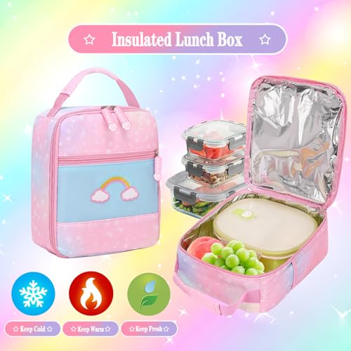 Jcobvig 3Pcs Girls Rainbow School Backpack with Lunch Bag for Elementary - color: Pink, size: Large