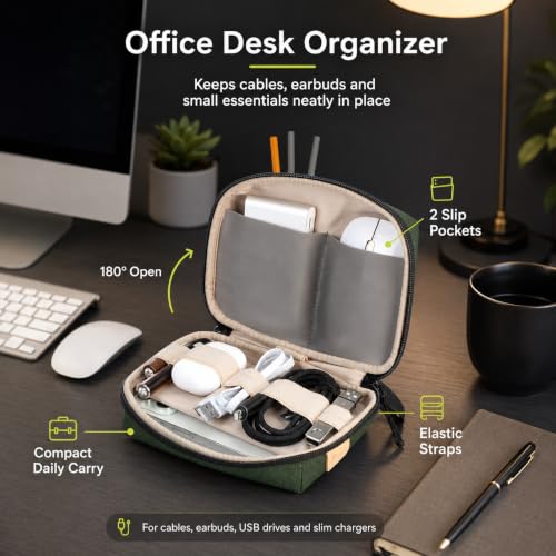 Electronics Travel Organizer, Compact Charger Case | Soft padded polyester helps protect cables, power banks, adapters and earbuds from light splashes and daily scratches - color: Green