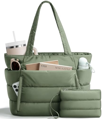 Bagstellar Puffer Tote Bag for Women, Lightweight Puffy Travel Gym Work Bag - color: Sage Green