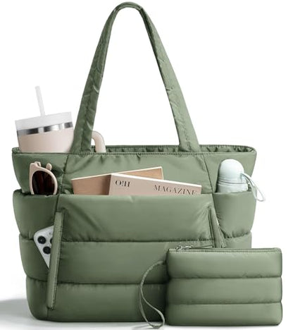 Bagstellar Puffer Tote Bag for Women, Lightweight Puffy Travel Gym Work Bag - color: Sage Green