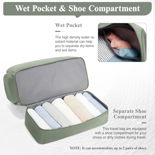 Travel Duffel Bag with Shoes Compartment, Carry-on Weekender Bags for Women - color: Olive Green 3Pcs Set