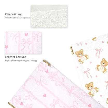 Soft Glasses Case, 2 Pcs Portable PU Leather Squeeze Top Eyeglasses Cases, Cute Sunglasses Pouch Bag for Women - color: 2pcs Striped Bow+ Bear Bow