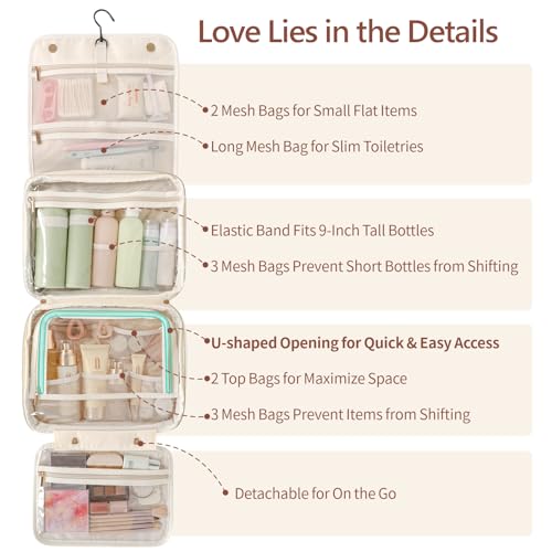 PACKISM Hanging Travel Toiletry Bag - with Clear Makeup Bag, Large Beige