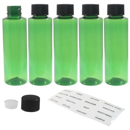BokWin Green 3.4 oz Empty Plastic Travel Bottles, 5 Pack | For Toiletries, Refillable Squeeze Containers, Easy-to-Read Labels, For Shampoo Conditioner Lotion - color: Green