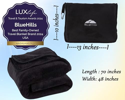 BlueHills Premium Soft Long Travel Blanket Pillow Airplane Flight - Black - color: Black-long-t054