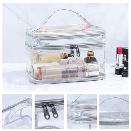 Clear Cosmetic Bag Dual Layer Travel Toiletry Bags Make up Organizer Waterproof Brushes Holder - color: Silver