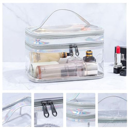 Clear Cosmetic Bag Dual Layer Travel Toiletry Bags Make up Organizer Waterproof Brushes Holder - color: Silver