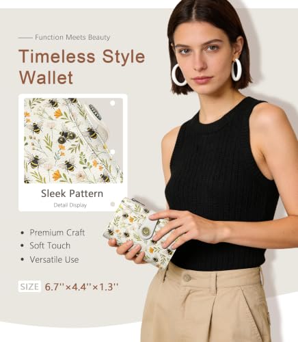 Bees Wallet Women RFID Bifold, Passport Holder, Credit Card Holder - color: Bees Flowers