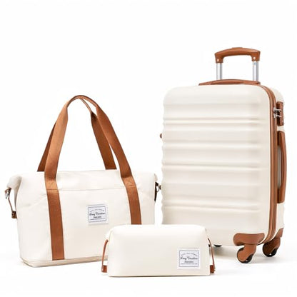 LONG VACATION Luggage Sets, 3 Piece, 20 Inch Carry On Hardshell Suitcase - color: BEIGE-BROWN, size: 3-Piece Set (20-Inch)