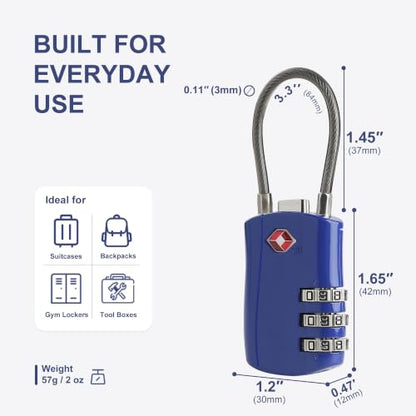 TSA Locks for Luggage, Small Padlock Combination with Cable, Luggage Locks TSA Approved, Combo Padlock with Code, for Travel Suitcase, Gym Locker, Gun Case, Backpack Zipper (Black+Blue) - color: Black+Blue