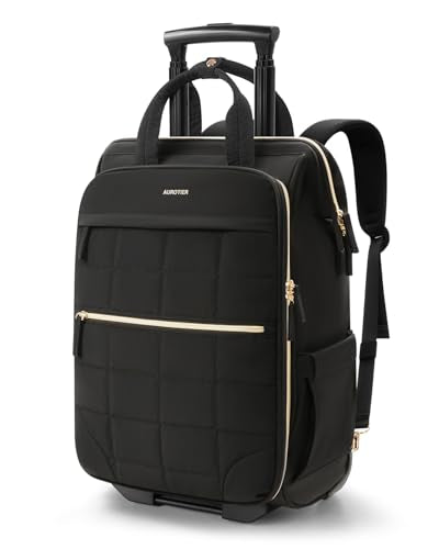 Rolling Puffer Backpack for Women, Travel Backpack with Wheels, 16 Inch Wheeled Laptop Backpck, Dual-Opening Design Overnight College Underseat Carry on Luggage, Roller Business Work Bag, Black - color: Square Quilt Black