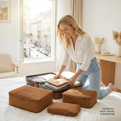 4 Piece Compression Packing Cubes for 3–7 Day Travel, Light Brown - color: Light Brown