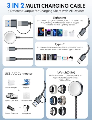 1Pack Travel Essentials for Apple Watch Charger,3-in-2 Multi Charging Cable - color: Black, size: 1Pack-6 FT