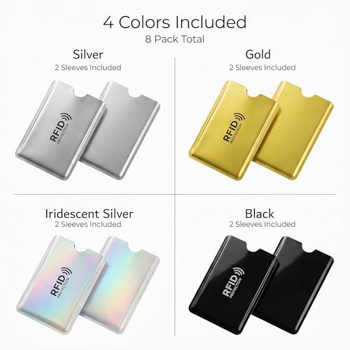 LESSBLE RFID Blocking Sleeves (8 Pack) | Secure Credit Card Protector & ID Shield | Waterproof, 4 Colors