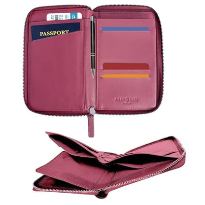 ALLEN & MATE Leather Passport Holder for Travel, RFID Zip Travel Wallet - color: Maroon