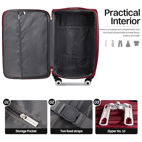 24'' Luggage,Softside Suitcase,w/LOCK,Expandable 15% - color: Burgundy-Grey, size: Checked-Medium 24-Inch