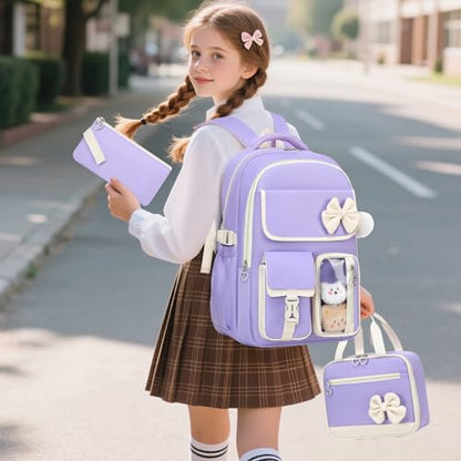 GeeWin Girls Backpack for School Cute Bow with Lunch Box & Pencil Case Set - color: Purple Beige