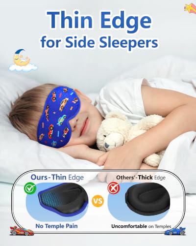 BeeVines Kids 3D Contoured Sleep Mask, 100% Blackout Sleeping Eye Masks for Boys, Pressure-free Memory Foam Cushioned Eye Cover, Adjustable Strap, for Travel Gifts (Racing Car)