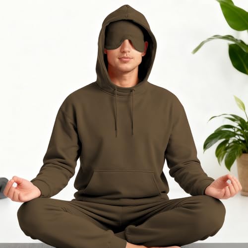 Ainangua Mens Oversized Pullover Essentials Hoodie with Eye Mask Built In Comfor Airplane Mode Travel Sleep Wearable Blanket(Brown,L)