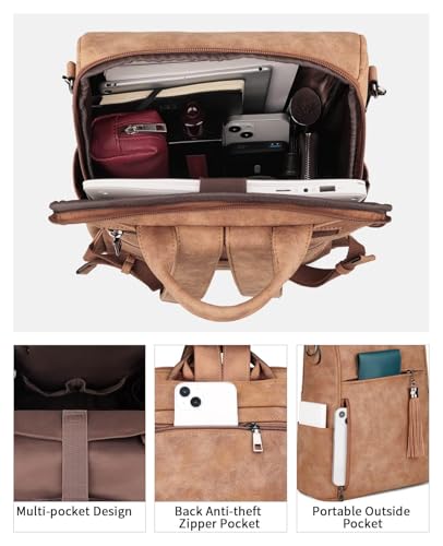 FADEON Leather Laptop Backpack for Women, 15.6 inch, Travel Work Bag - color: 2 Camel Brown Nubuck Style