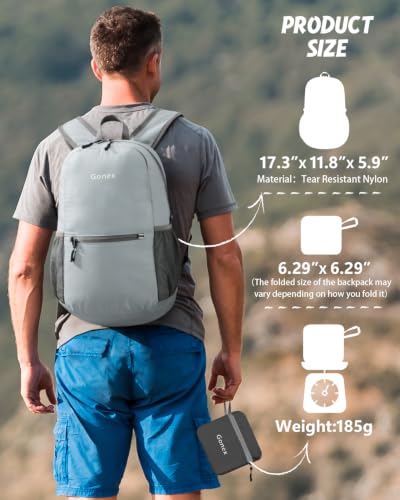 Gonex Packable Daypack Backpack 20L Lightweight Foldable Travel Bag - color: Light Grey