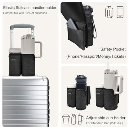 2 in 1 Luggage Cup Holder for Suitcase Airplane Drink Carrier Travel Black - color: black