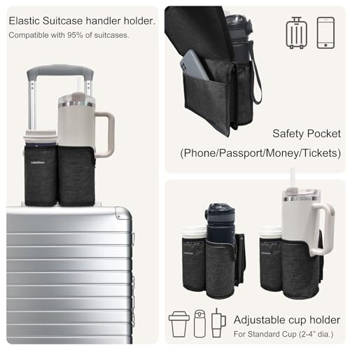 2 in 1 Luggage Cup Holder for Suitcase Airplane Drink Carrier Travel Black - color: black