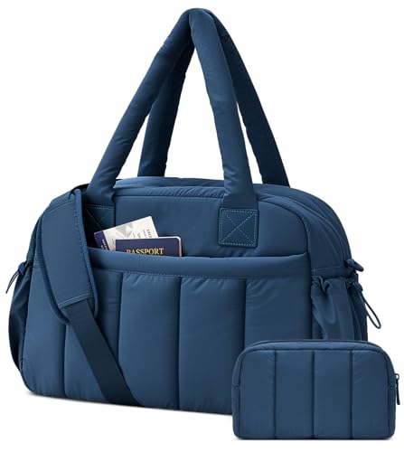 oscaurt Gym Bag for Women Lightweight Duffle Bag for Travel with Toiletry Pouch Water Resistant Carry On Weekender Overnight Duffel - color: Navy Blue-Set