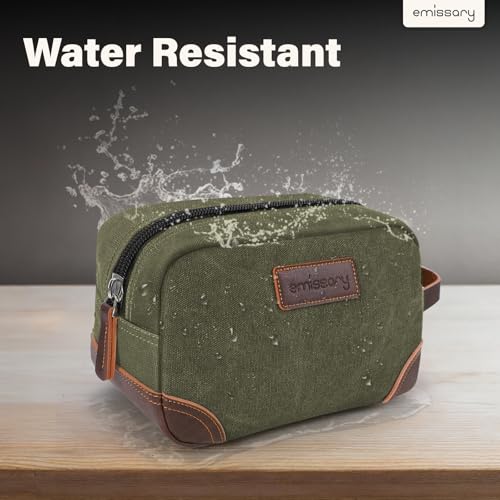 emissary Men's Canvas Travel Toiletry Bag, Leather Dopp Kit - Dark Green - color: Dark Green