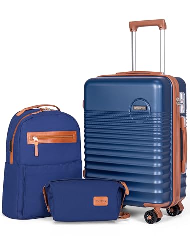 Carry On Luggage 22x14x9 Airline Approved Suitcase with Wheels, 3 Piece - color: Dark Blue, size: 3 Piece Sets (20/BP/TB)