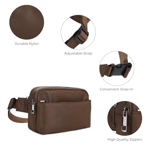 Jessie & James Crossbody Nylon Waist Pack with Adjustable Buckle Strap Fashion Multi Pocket Belt Bag| Brown - color: Brown